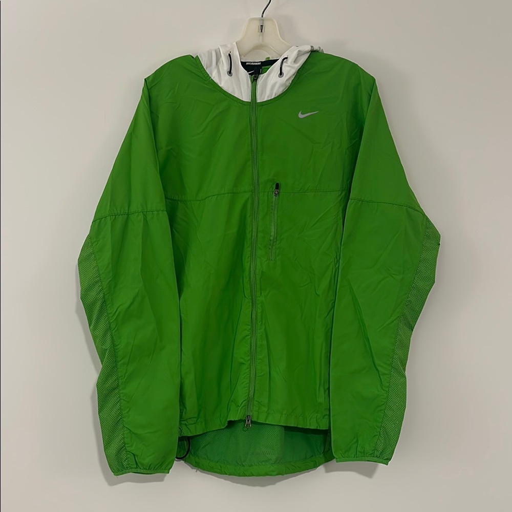 Nike Running Windbreaker Jacket Lime Green Lightweight Hooded Zip Up Large